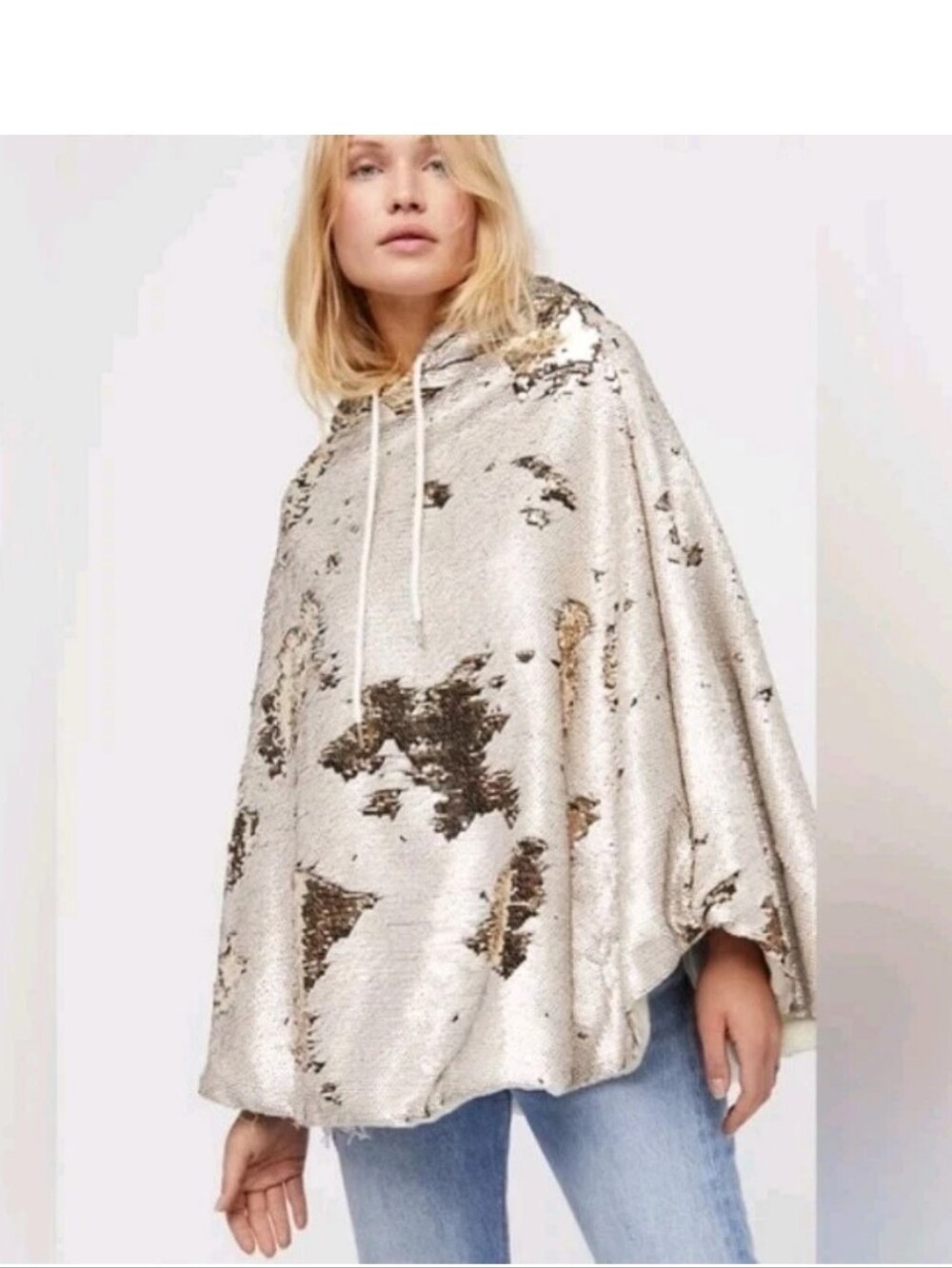 Free People Glitter Oversized Hoodie Sequins Champagne - Reversible OS Rare